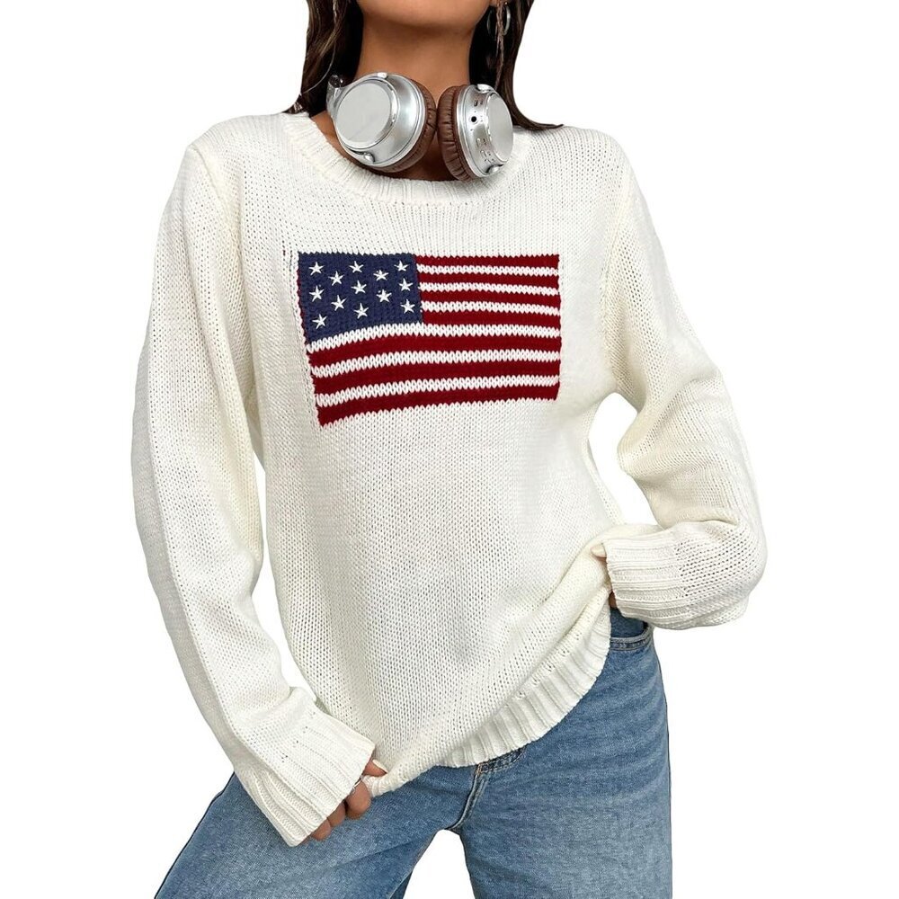 Women's American Flag Fall Sweater Oversized Long Sleeve Knit Casual Top